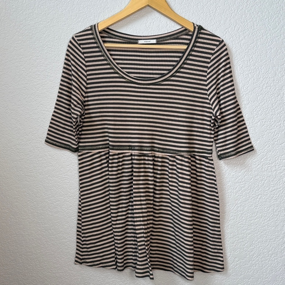 Easel Peplum Blouse Top Striped Tan and Green Size Medium